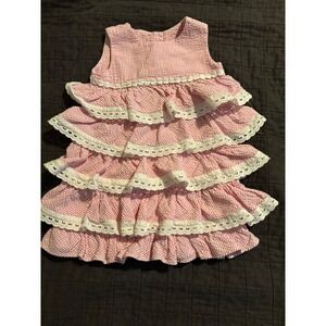 Lilly Pulitzer Girls Pink Seersucker Tiered Ruffle Eyelet Lace Dress Size 2